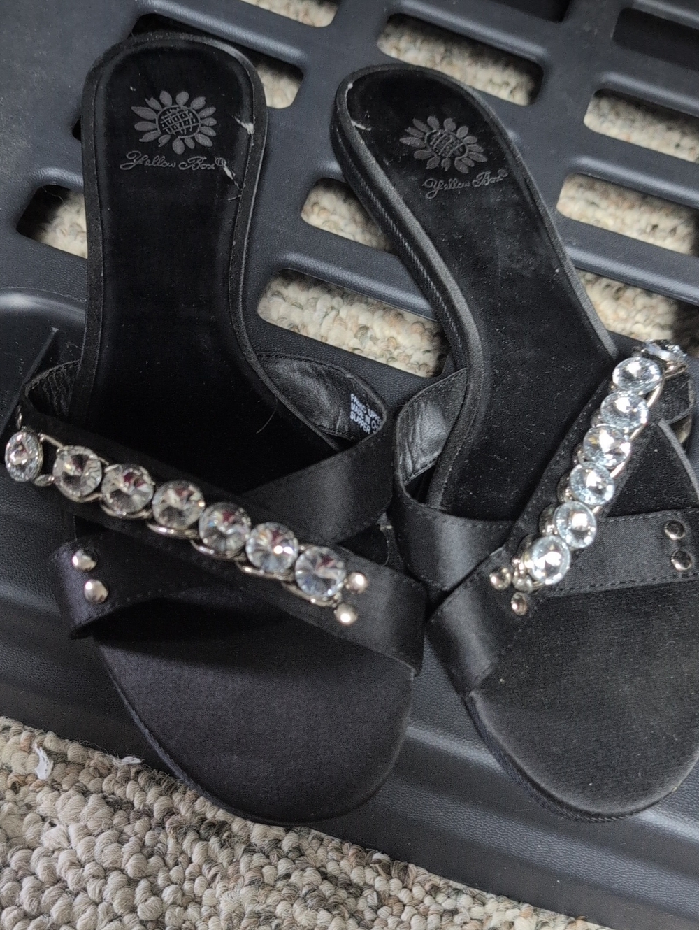 Yellow Box Black Satin Jewel Slide Sandals